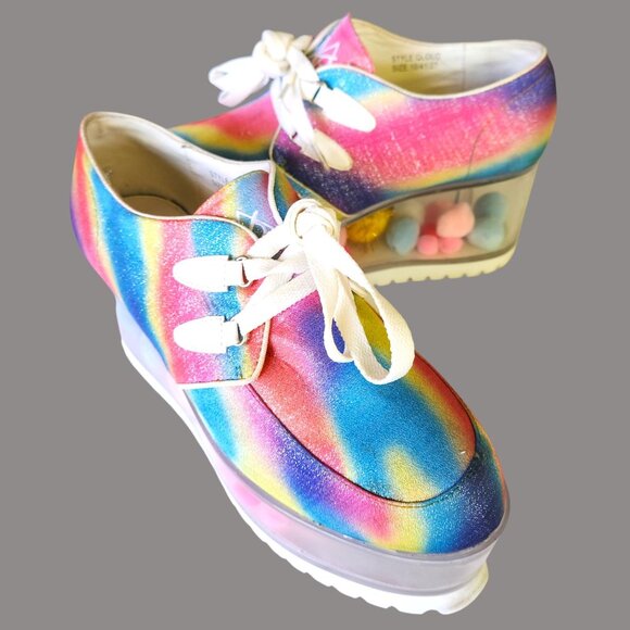 YRU QLOUD Rainbow Glitter Clear Platform Shoes Creepers Kawaii Rave Festival Sz - Picture 1 of 15